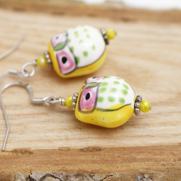 Yellow Hand Painted Porcelain Owl Earrings - Handmade & Hypoallergenic - Picture 4 of 8